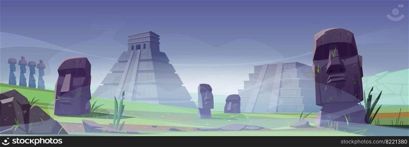 Easter island with ancient mayan pyramids and moai statue in fog. Vector cartoon misty landscape with south american landmarks, Chichen Itza and Kukulkan temples, stone sculpture on green grass. Ancient moai statues and mayan pyramids in fog