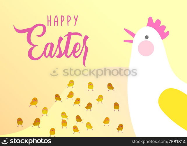 Easter landing page template with cartoon character chicken with painted eggs and rabbit. Vector Illustration celebration Spring holiday design. Easter landing page template with cartoon character chicken with painted eggs and rabbit. Vector Illustration celebration Spring holiday