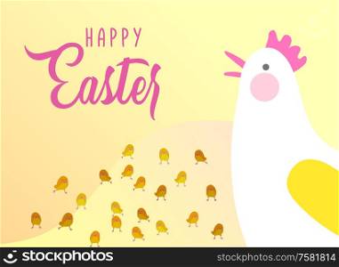 Easter landing page template with cartoon character chicken with painted eggs and rabbit. Vector Illustration celebration Spring holiday design. Easter landing page template with cartoon character chicken with painted eggs and rabbit. Vector Illustration celebration Spring holiday