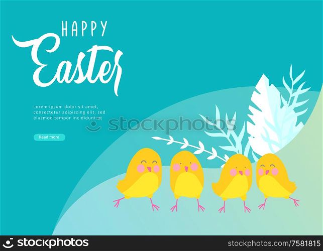 Easter landing page template with cartoon character chicken with painted eggs and rabbit. Vector Illustration celebration Spring holiday design. Easter landing page template with cartoon character chicken with painted eggs and rabbit. Vector Illustration celebration Spring holiday
