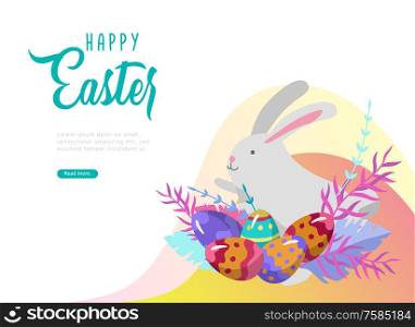 Easter landing page template with cartoon characters bunny with painted eggs, chicken and rabbit. Vector Illustration celebration Spring holiday design. Easter landing page template with cartoon characters bunny with painted eggs, chicken and rabbit. Vector Illustration celebration Spring holiday