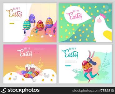 Easter landing page template with cartoon characters people paint painted eggs, cake, chicken and rabbit. Girl with bunny ears jumping and hold eggs. Vector Illustration Spring holiday design. Easter landing page template with cartoon characters people paint painted eggs, cake, chicken and rabbit. Girl with bunny ears jumping and hold eggs. Vector Illustration Spring holiday