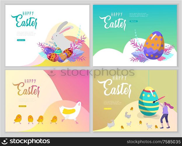 Easter landing page template with cartoon characters people paint painted eggs, cake, chicken and rabbit. Girl with bunny ears jumping and hold eggs. Vector Illustration Spring holiday design. Easter landing page template with cartoon characters people paint painted eggs, cake, chicken and rabbit. Girl with bunny ears jumping and hold eggs. Vector Illustration Spring holiday