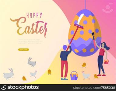 Easter landing page template with cartoon characters people paint painted eggs, cake, chicken and rabbit. Vector Illustration celebration Spring holiday design. Easter landing page template with cartoon characters people paint painted eggs, cake, chicken and rabbit. Girl with bunny ears jumping and hold eggs. Vector Illustration Spring holiday