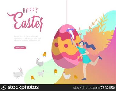 Easter landing page template with cartoon characters people paint painted eggs, cake, chicken and rabbit. Vector Illustration celebration Spring holiday design. Easter landing page template with cartoon characters people paint painted eggs, cake, chicken and rabbit. Girl with bunny ears jumping and hold eggs. Vector Illustration Spring holiday
