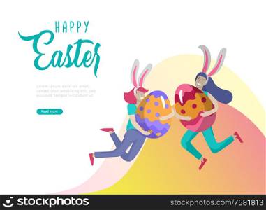 Easter landing page template with cartoon characters people with painted eggs and rabbit. Girl with bunny ears jumping and hold eggs. Vector Illustration Spring holiday celebration design. Easter landing page template with cartoon characters people with painted eggs and rabbit. Girl with bunny ears jumping and hold eggs. Vector Illustration Spring holiday celebration