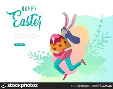 Easter landing page template with cartoon characters people with painted eggs and rabbit. Girl with bunny ears jumping and hold eggs. Vector Illustration Spring holiday celebration design. Easter landing page template with cartoon characters people with painted eggs and rabbit. Girl with bunny ears jumping and hold eggs. Vector Illustration Spring holiday celebration