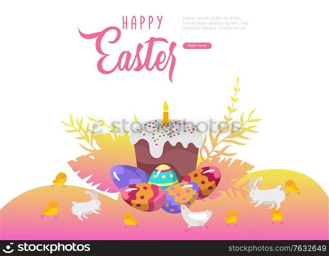 Easter landing page template with cartoon paint painted eggs and Easter cake, chicken and rabbit. Vector Illustration Spring holiday celebration design. Easter landing page template with cartoon paint painted eggs and Easter cake, chicken and rabbit. Vector Illustration Spring holiday celebration