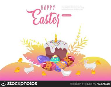Easter landing page template with cartoon paint painted eggs and Easter cake, chicken and rabbit. Vector Illustration Spring holiday celebration design. Easter landing page template with cartoon paint painted eggs and Easter cake, chicken and rabbit. Vector Illustration Spring holiday celebration