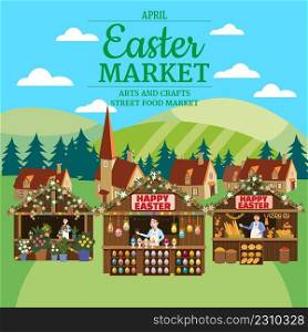 Easter Market poster, Holiday City Spring Fair, wooden stalls decorated flowers, colored Easter eggs, bunny, baking. Europe village background. Vector illustration festival flyer, template advertisement. Easter Market poster, Holiday City Spring Fair, wooden stalls decorated flowers, colored Easter eggs, bunny, baking. Europe village background. Vector illustration