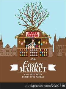 Easter Market poster, wooden stall decorated flowers, colored Easter eggs. Holiday City Spring Fair Square, Europe architecture background. Vector illustration festival flyer, template advertisement. Easter Market poster, wooden stall decorated flowers, colored Easter eggs. Holiday City Spring Fair Square, Europe architecture background. Vector illustration