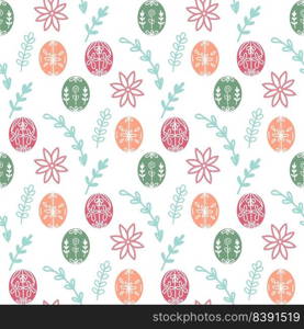 Easter painted eggs seamless pattern. Spring holiday background. Print with eggs, grass and flowers for textile, paper, fabric, packaging and design. Vector illustration. Print with eggs, grass and flowers for textile, paper, fabric, packaging and design