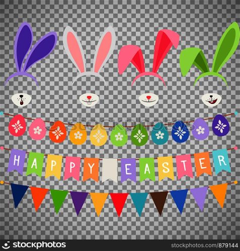 Easter party decoration vector elements. Eggs garland and bunny ears isolated on transparent background. Easter party decoration elements