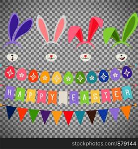 Easter party decoration vector elements. Eggs garland and bunny ears isolated on transparent background. Easter party decoration elements