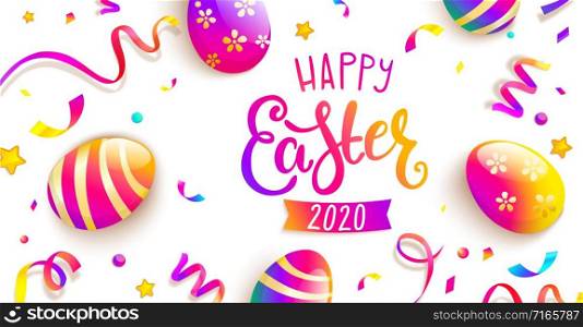 Easter party greeting card. Happy holiday with beautiful painted eggs, confetti. Great for greeting poster, ad, promotion, flyer, web-banner, article. Spring Celebration Design. Vector illustration.. Easter party greeting card.