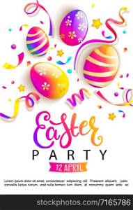 Easter party invitation card. Happy holiday with beautiful painted eggs, confetti. Great for greeting poster, ad, promotion, flyer, web-banner, article. Spring Celebration Design. Vector illustration.. Easter party invitation card.