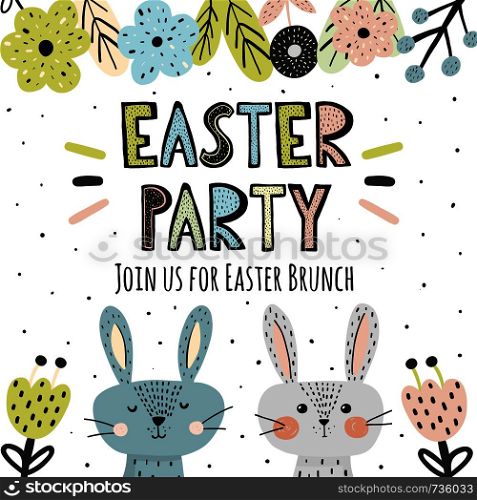 Easter Party invitation with cute bunnies in scandinavian style. Vector illustration