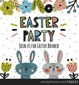 Easter Party invitation with cute bunnies in scandinavian style. Vector illustration