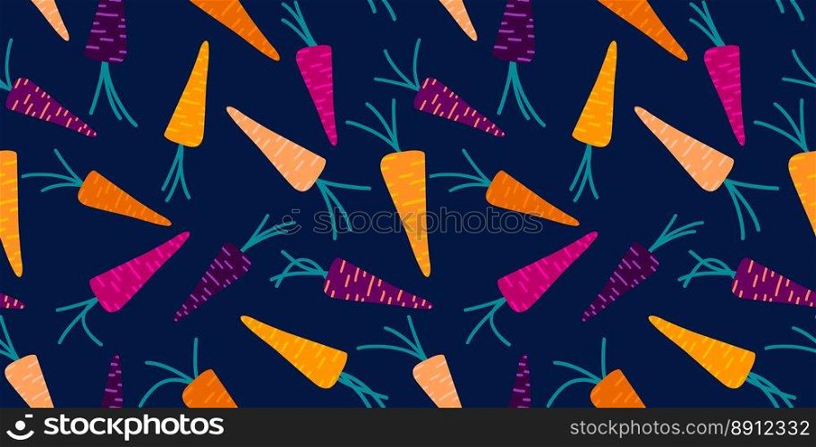 Easter pattern with sweet colorful, rainbow carrots on a dark blue background