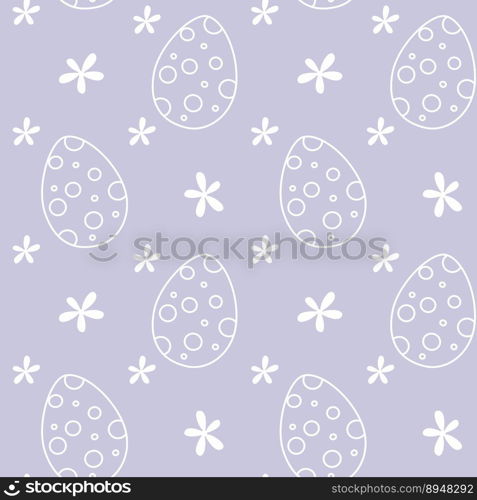 Easter polka dot pattern eggs and flowers seamless pattern on pastel puple background. Hand drawn doodle vector illustration.