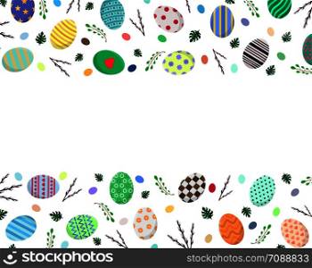 Easter Postcard Template with Easter Eggs, Willow Branches, Monstera Leaves. For Greeting or Invitation. Vector illustration for Your Design, Web.