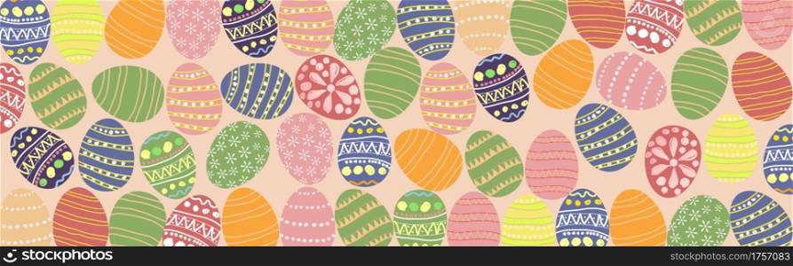 Easter poster and banner template with Colorful Easter eggs. Freehand Drawing pattern, Happy Easter With Copy space for text. vector illustration on a pink background. for Easter holiday concept.