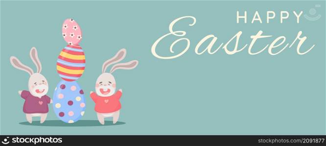 Easter poster and banner template with Easter eggs and bunnies on pastel background. Vector design for postcard, packaging. Copy space. Easter poster and banner template with Easter eggs and bunnies on pastel background.