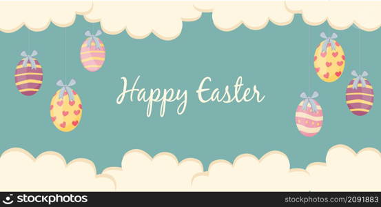 Easter poster and banner template with Easter eggs on pastel background. Vector design for postcard, packaging. Copy space. Easter poster and banner template with Easter eggs on pastel background.
