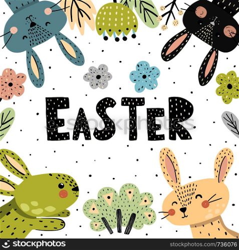 Easter poster or card with cute bunnies. Vector illustration