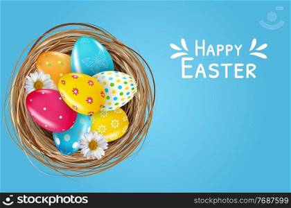 Easter poster template set with 3d realistic Easter eggs in nest. Template for advertising, poster, flyer, greeting card. Vector Illustration EPS10. Easter poster template set with 3d realistic Easter eggs in nest. Template for advertising, poster, flyer, greeting card. Vector Illustration