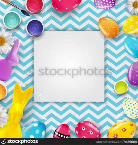 Easter poster template with 3d realistic Easter eggs and empty frame. Template for advertising, poster, flyer, greeting card. Vector Illustration. Easter poster template with 3d realistic Easter eggs and empty frame. Template for advertising, poster, flyer, greeting card. Vector Illustration EPS10