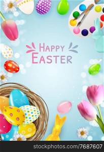 Easter poster template with 3d realistic eggs, paint. Template for advertising, poster, flyer, greeting card. Vector Illustration EPS10. Easter poster template with 3d realistic eggs, paint. Template for advertising, poster, flyer, greeting card. Vector Illustration