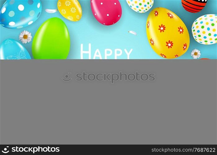 Easter poster template with 3d realistic eggs, spring blue background. Template for advertising, poster, flyer, greeting card. Vector Illustration EPS10. Easter poster template with 3d realistic eggs, spring blue background. Template for advertising, poster, flyer, greeting card. Vector Illustration