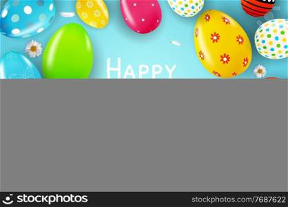 Easter poster template with 3d realistic eggs, spring blue background. Template for advertising, poster, flyer, greeting card. Vector Illustration EPS10. Easter poster template with 3d realistic eggs, spring blue background. Template for advertising, poster, flyer, greeting card. Vector Illustration