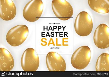 Easter poster template with 3d realistic golden Easter eggs. Template for advertising, poster, flyer, greeting card. Vector Illustration. Easter poster template with 3d realistic golden Easter eggs. Template for advertising, poster, flyer, greeting card. Vector Illustration EPS10