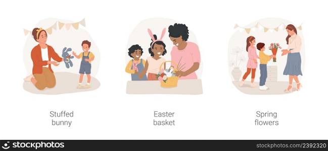 Easter presents isolated cartoon vector illustration set. Mother giving child stuffed bunny, Easter basket, kids giving mom bunch of spring flowers, religious holiday celebration vector cartoon.. Easter presents isolated cartoon vector illustration set.
