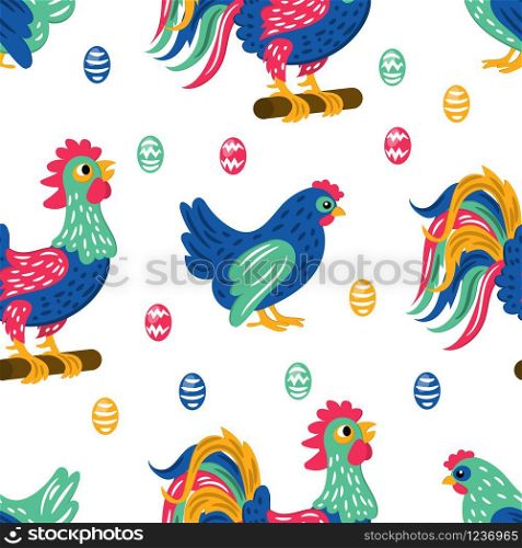 EASTER PRINT Holiday Cock Seamless Pattern Vector Illustration