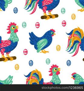 EASTER PRINT Holiday Cock Seamless Pattern Vector Illustration