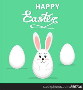 Easter rabbit and eggs on green background, Happy Easter greeting card, stock vector illustration
