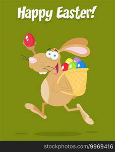 Easter Rabbit Cartoon Character Running With A Basket And Egg. Vector Illustration Flat Design With Background And Text