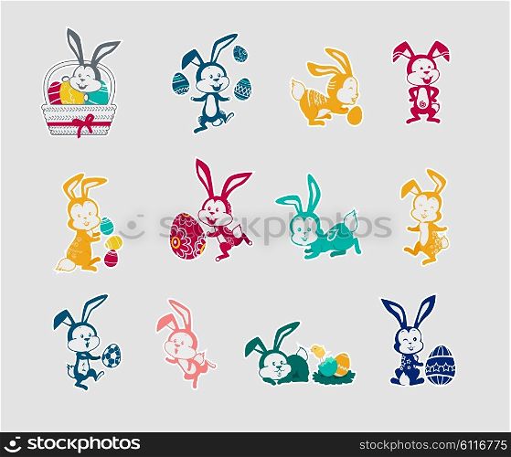 Easter rabbit icon set design flat. Easter and easter bunny, rabbit and easter egg, egg and bunny, holiday easter and animal, hare easter, easter animal set, bunny easter with egg illustration
