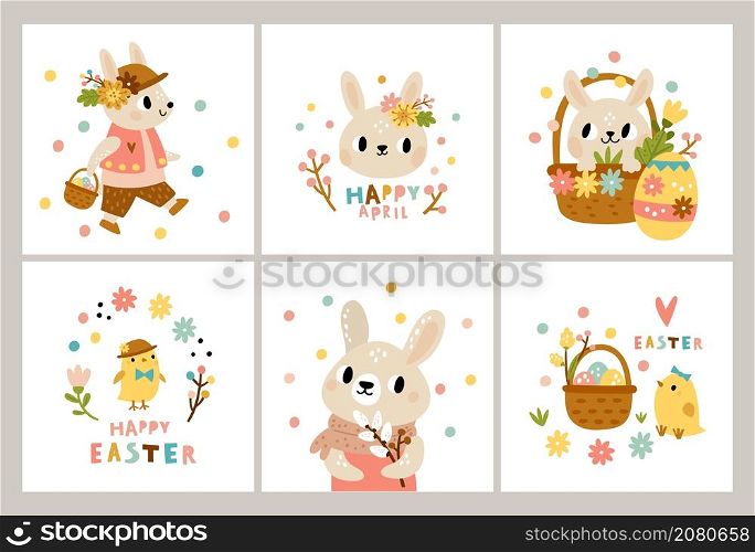 Easter rabbits cards. Cute cartoon bunny and little chicks characters, patterned holiday eggs with hunters, funny baby animals and birds festive posters collection, vector isolated set. Easter rabbits cards. Cute cartoon bunny and little chicks characters, patterned holiday eggs with hunters, funny baby animals and birds festive posters collection, vector isolated celebration set
