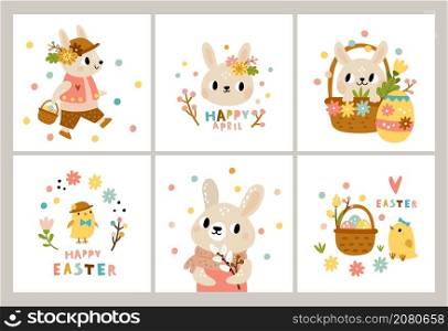 Easter rabbits cards. Cute cartoon bunny and little chicks characters, patterned holiday eggs with hunters, funny baby animals and birds festive posters collection, vector isolated set. Easter rabbits cards. Cute cartoon bunny and little chicks characters, patterned holiday eggs with hunters, funny baby animals and birds festive posters collection, vector isolated celebration set