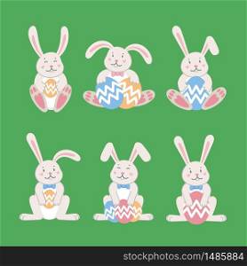 Easter rabbits. Easter cartoon bunny from front and back side on green background. Flat style vector illustration.. Easter rabbits. Easter cartoon bunny from front and back side on green background. Flat style vector illustration