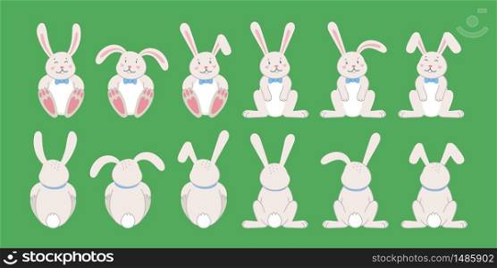 Easter rabbits. Easter cartoon bunny from front and back side on green background. Flat style vector illustration.. Easter rabbits. Easter cartoon bunny from front and back side on green background. Flat style vector illustration