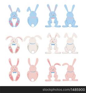 Easter rabbits. Easter cartoon bunny from front and back side on white background. Flat style vector illustration.. Easter rabbits. Easter cartoon bunny from front and back side on white background. Flat style vector illustration