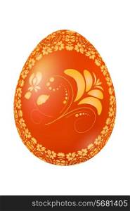 Easter red egg with Russian traditional yellow floral ornament. Vector illustration.