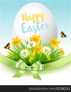 Easter Sale Background. Holiday egg in green grass and flowers. Vector.
