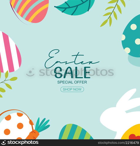 Easter sale banner design template with colorful eggs and flowers. Use for advertising, flyers, posters, brochure, voucher discount.