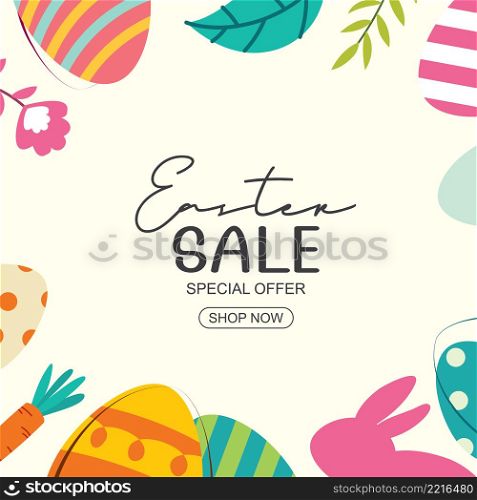 Easter sale banner design template with colorful eggs and flowers. Use for advertising, flyers, posters, brochure, voucher discount.